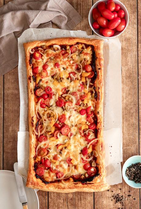 Roasted veggie and tomato pesto tart