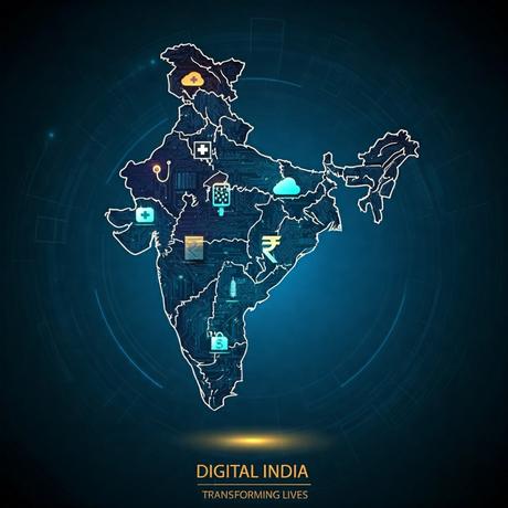 Futuristic map of India with interconnected nodes representing digital connectivity and key sectors like healthcare, education, and finance.