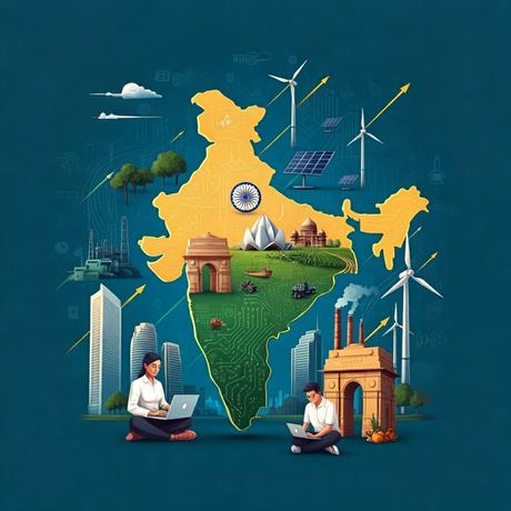 Stylized map of India showcasing economic growth, technology, and renewable energy with iconic landmarks