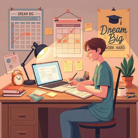 A student surrounded by books and a laptop, studying diligently at a desk with a motivational poster in the background