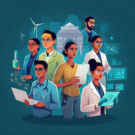Young Indian professionals in diverse fields like tech, renewable energy, and healthcare, against a futuristic cityscape backdrop