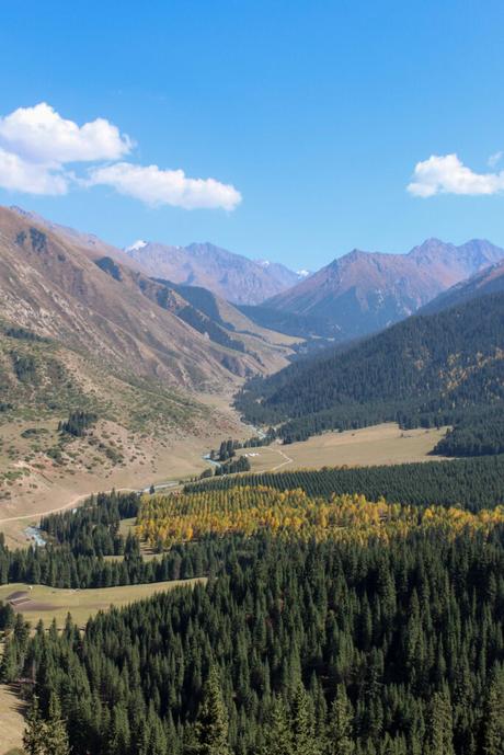 A picturesque valley stretching into the distance, surrounded by towering mountains. The lush green forests and patches of autumn foliage contrast with the rugged mountain ridges under a clear blue sky.