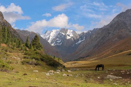 A horse grazes in a wide open valley surrounded by tall mountains, some with snow-covered peaks, under a blue sky with scattered clouds.