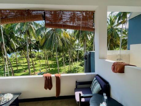 A view from a hotel balcony, overlooking a tropical landscape filled with tall palm trees and lush greenery, with sunlight streaming in.