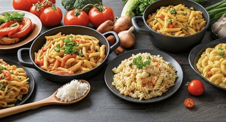 Assorted one pot lunch dishes on a table