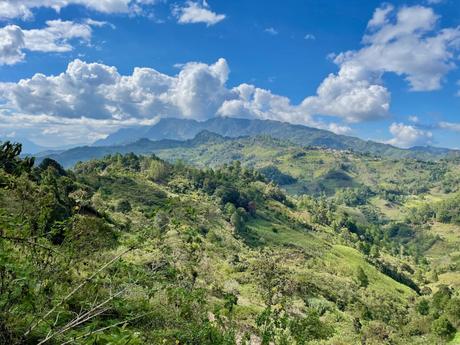 A wide landscape shot of rolling green hills and distant mountains under a partly cloudy sky. The lush terrain is dotted with trees, giving a sense of expansive natural beauty.