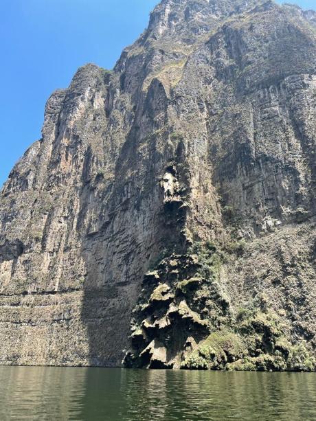 A close-up of a rocky cliff along a canyon wall, with rugged textures and greenery clinging to the rock face. The view is dramatic, emphasizing the scale of the natural formation.