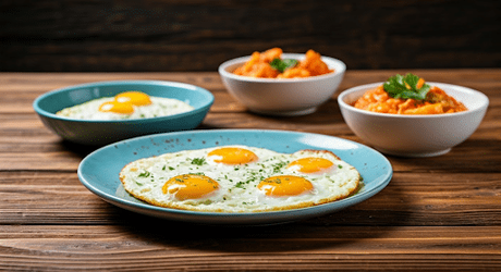 Colorful egg dishes on a wooden table