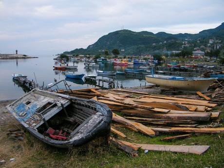 A tranquil fishing harbor with colorful wooden boats moored on still water, surrounded by green hills and small coastal houses.