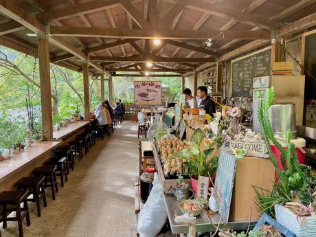 An open-air rustic cafe with wooden beams and tables, decorated with plants and artisan products, as customers sit and enjoy the natural setting.