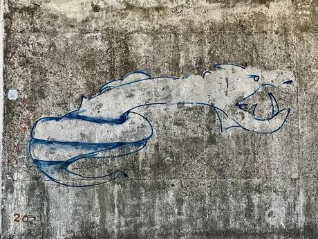 A graffiti artwork of a stylized eel or dragon on a weathered concrete wall, featuring blue outlines and shading.