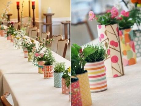 Table Plant Pots wrapped with used wrapping paper