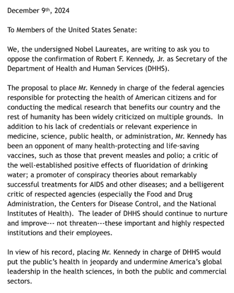 77 Nobel Laureates Ask Senators To Vote Against Confirmation For RFK,Jr