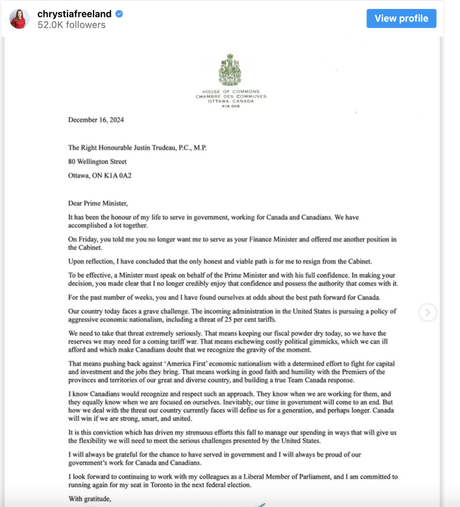 Chrystia Freeland’s resignation seems carefully aimed at removing a sitting prime minister