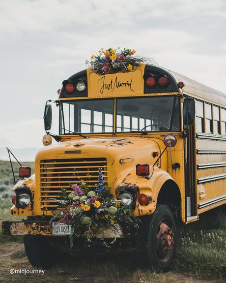 wedding transportation school bus with wedding decor