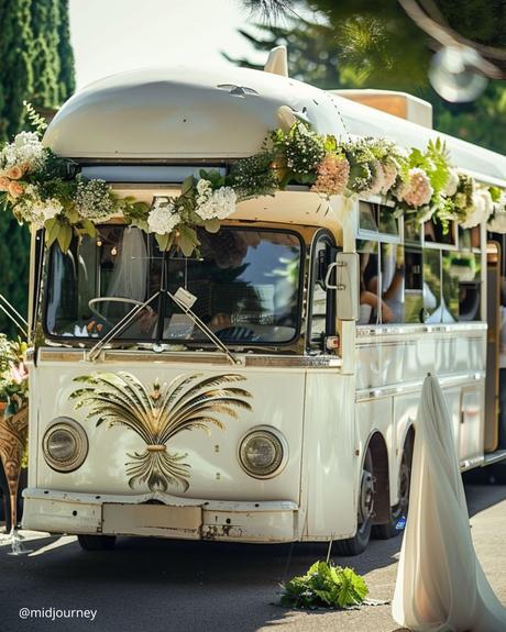 wedding transportation white retro weddin party bus decorated with flowers midjourney