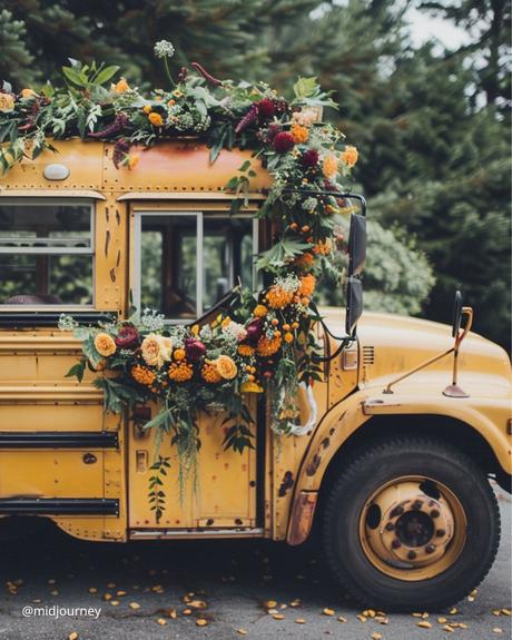 wedding transportation old school bus with wedding floral decor midjourney