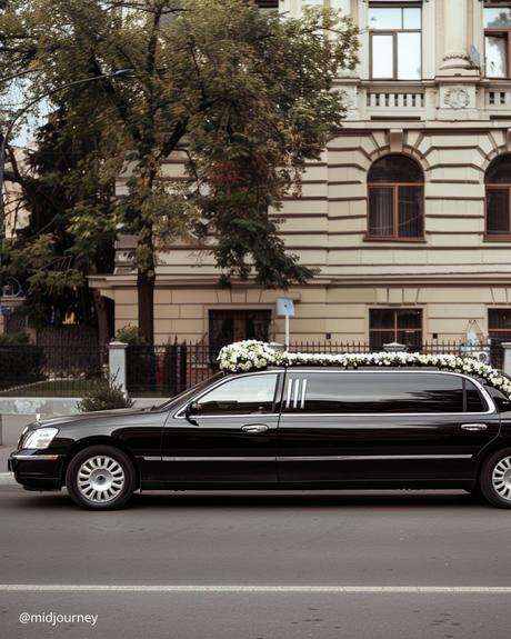 wedding transportation black limousine with floral wedding decor midjourney