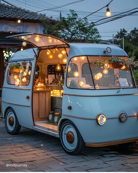 wedding transportation small wedding shuttle car decorated with lights and garlands midjourney