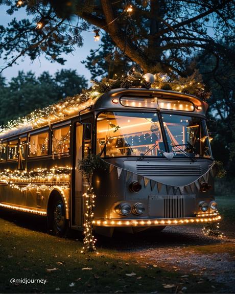 wedding transportation retro wedding party bus decorated with garlands midjourney