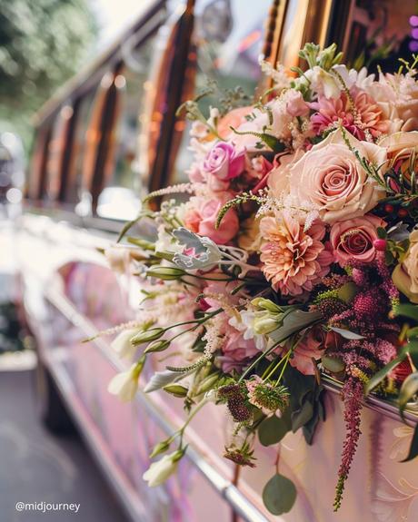wedding transportation close up photo of wedding limousine with flower wedding decor midjourney