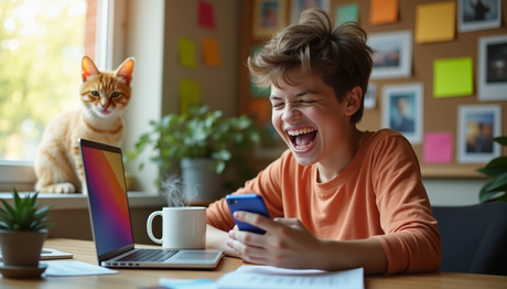 Person laughing hysterically while looking at a smartphone, with a cute ginger cat sitting beside a laptop on a desk.