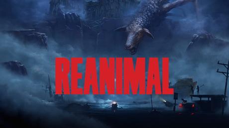 A promotional image for the horror game Reanimal, featuring a giant, monstrous sheep creature looming over a post-apocalyptic landscape