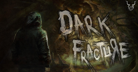 A man in a dark hoodie stands in a dimly lit room, with a dark fracture-like image behind him. This is the cover art for the horror game Dark Fracture