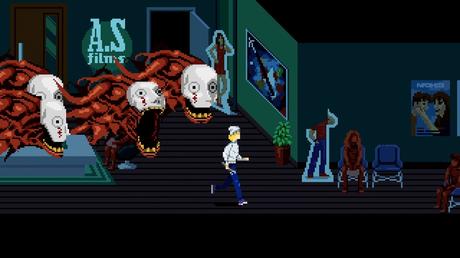 A screenshot from the horror game Tenebris Somnia, showing a character running down a hallway with a group of grotesque, red-eyed creatures in the background