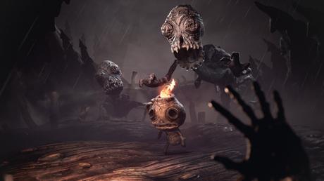 A screenshot from the horror game The Midnight Walk, showing a small, doll-like creature with a lantern facing a group of menacing, shadowy figures in a dark, eerie environment.