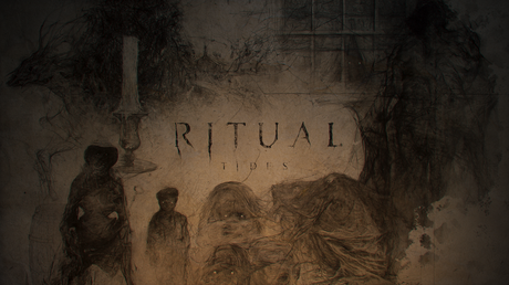 A dark and atmospheric image with the word 'RITUAL' and 'TIDES' written in a stylized font, suggesting a horror theme. The image includes sketches of figures and haunting imagery.