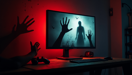 A dark gaming setup with a horror scene on the monitor, featuring shadowy hands and a ghostly figure, illuminated by eerie red lighting.