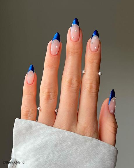 french tip nails royal blue with pearls thehotblend