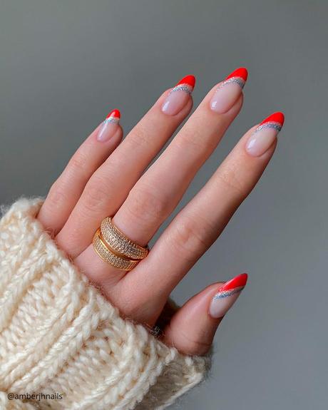 french tip nails bridht red and silver amberjhnails