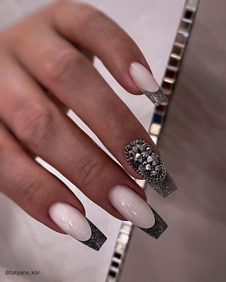 french tip nails sparkling with rhinestones tatyana kor