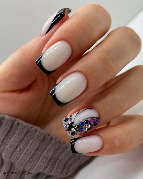 french tip nails black tips on white nastya nogti lak