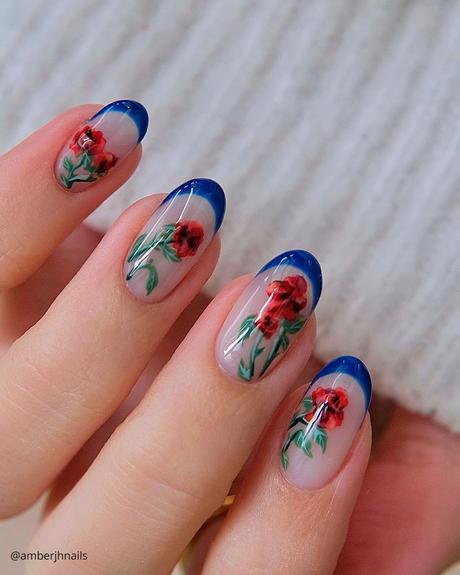 french tip nails royal blue with flowers amberjhnails