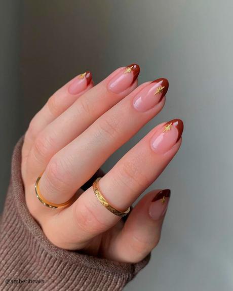 french tip nails brown with gold star amberjhnails