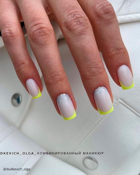 french tip nails yellow neon glitter dudkevich olga