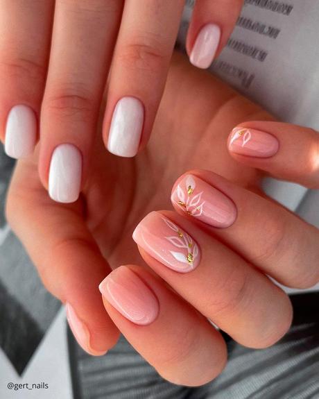 milky white nails with leaves paint gert nails