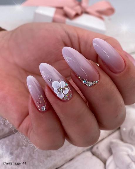 milky white nails ombre and beige with 3d flowers milana.gen11