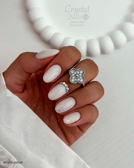 milky white nails rhinestones and glitter nailcocktail