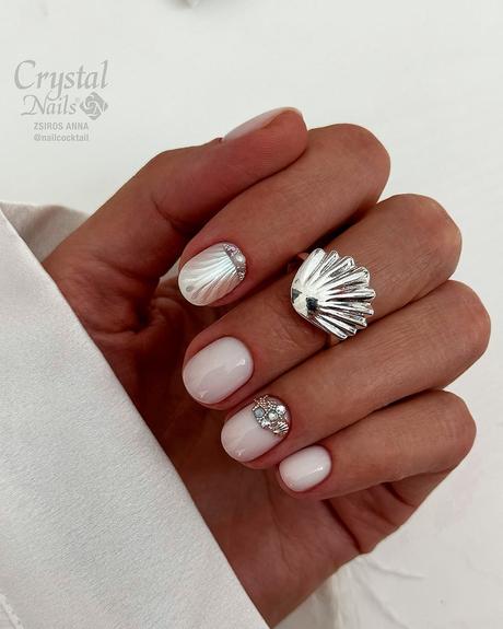 milky white nails beach idea with chrome nailcocktail