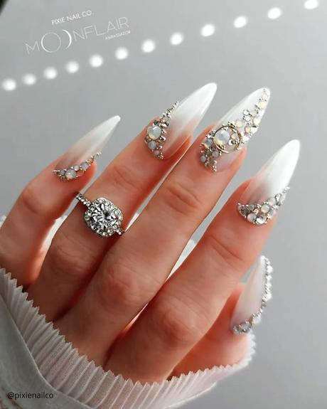 milky white nails long with rhinestones pixienailco