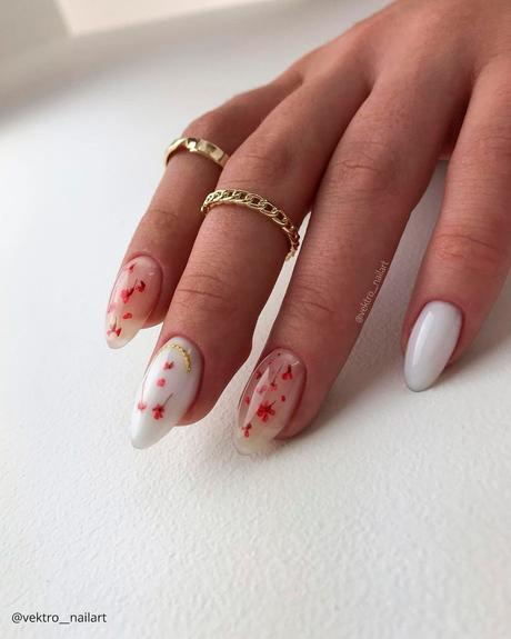 milky white nails with red white flowers vektro nailart