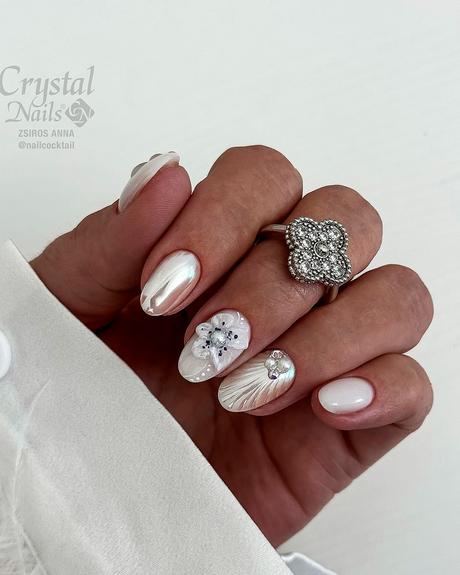 milky white nails chrome with flowers and pearls nailcocktail