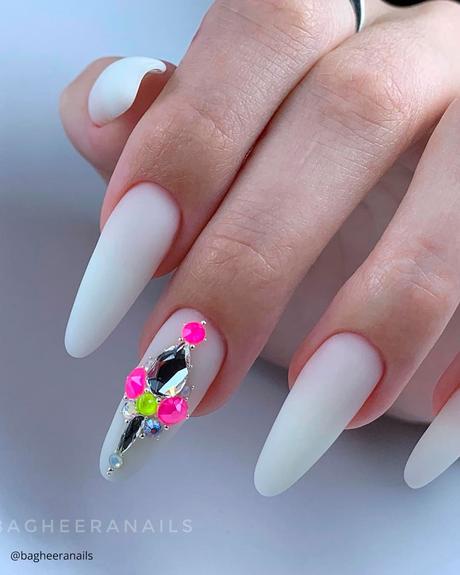 milky white nails matte with rhinestones bagheeranails