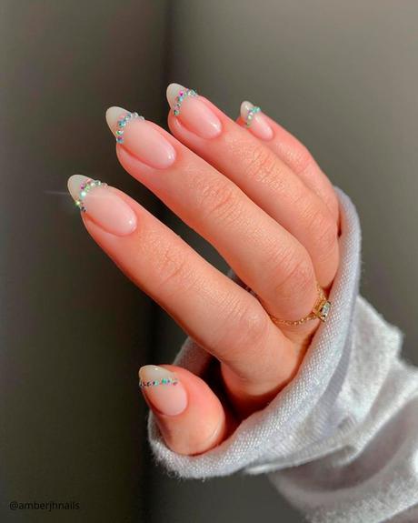 milky white nails transparent with rhinestones amberjhnails