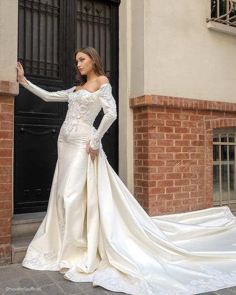 nova bella wedding dresses with long sleeves off the shoulder