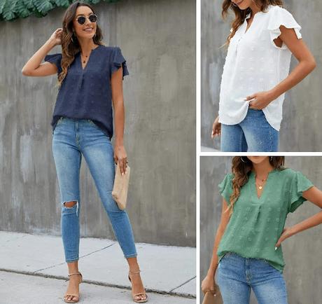 Image: Dressy V Neck Ruffle Sleeve Casual Flowy Shirts